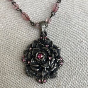 Pewter Silver Rose Pendant Necklace with Pink lucite  prism bead Accents